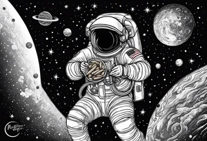 a picture of an astronaut eating a corn dog while floating in space showing the full body tattoo idea