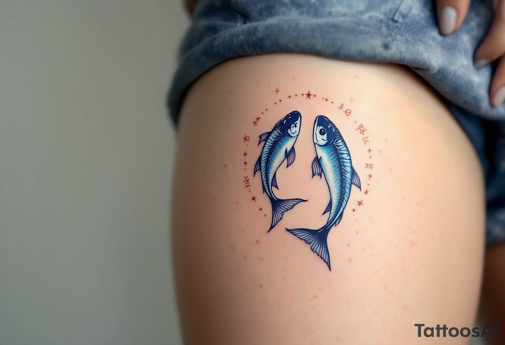 Twin fish form a circle around the Pisces star constellation with its zodiac sign in rich blues and soft peach ink. tattoo idea