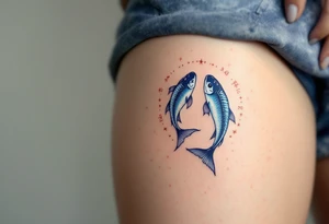 Twin fish form a circle around the Pisces star constellation with its zodiac sign in rich blues and soft peach ink. tattoo idea