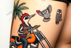 Woody the woodpecker wearing a leather vest that says peckerwoods, on a Harley Davidson under a palm tree, gazing in love at a barn owl tattoo idea