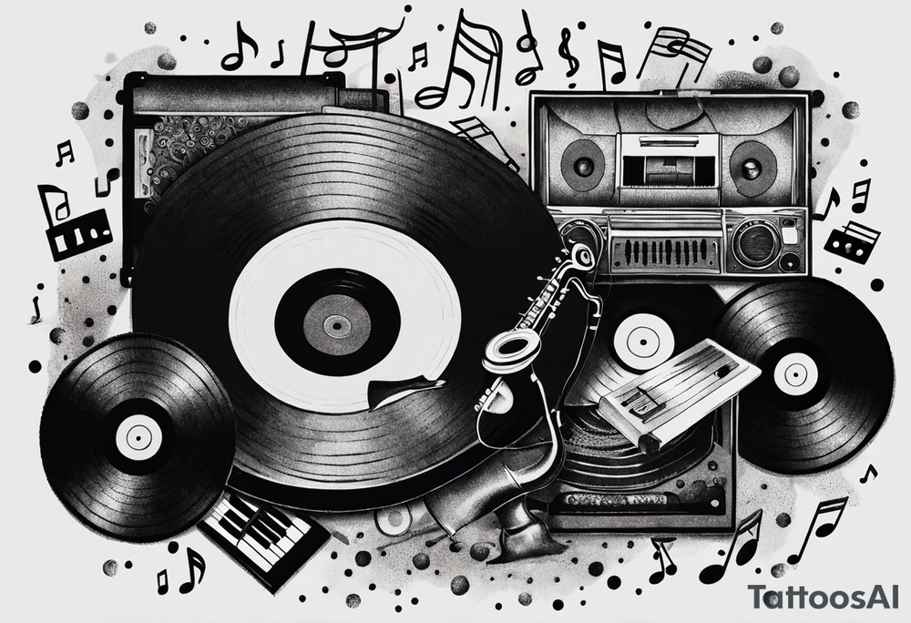 music notes surrounded by a record, a cassette tape, and saxophone parts tattoo idea