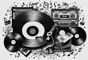 music notes surrounded by a record, a cassette tape, and saxophone parts tattoo idea