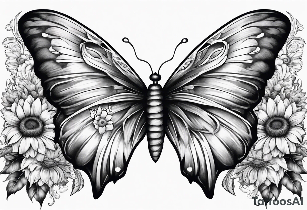 Sleeve with angel wings, sunflower and butterfly tattoo idea