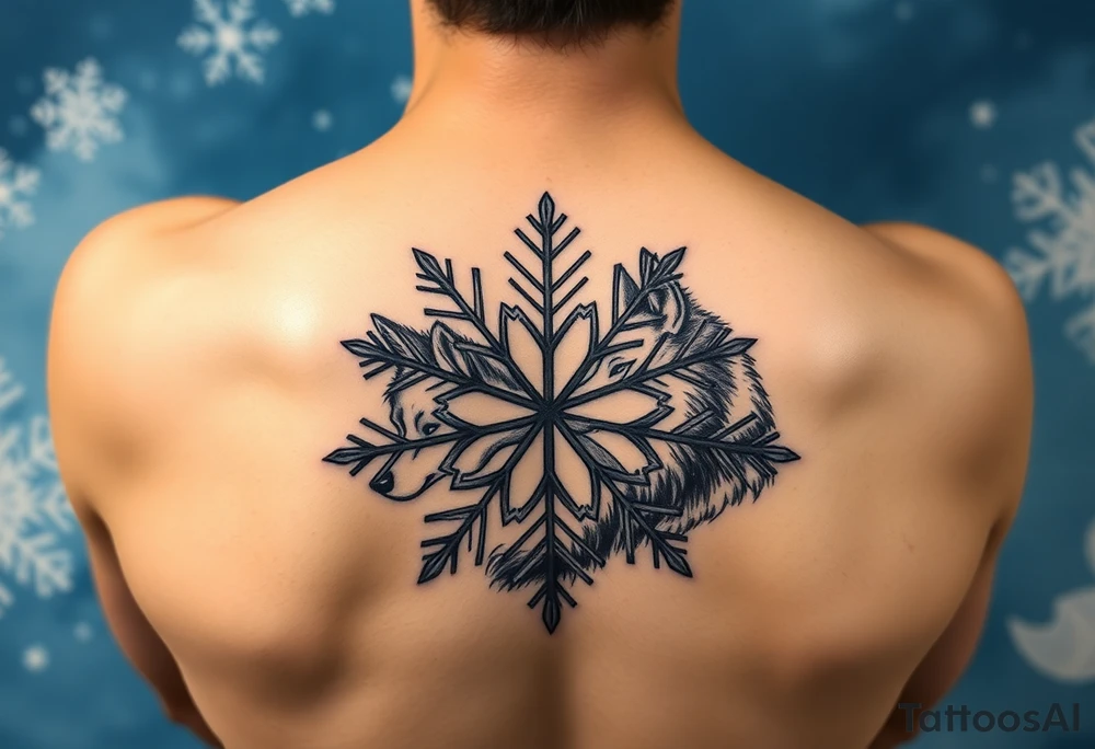 A white snowflake on Blue watercolor backround with two wolf siblings tattoo idea