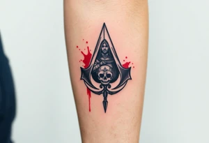 Assassins Creed emblem with Ezio character,. Weapons with blood splashes incorporated into logo. tattoo idea