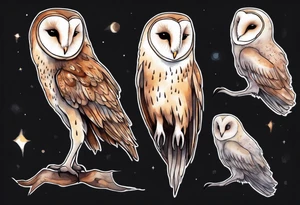 a thin creature with the head of a barn owl and long legs walking at night tattoo idea