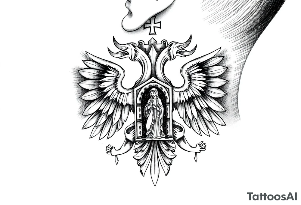 russian coat of arms double headed eagle traditional christian orthodox cross with a virgin mary stood in the entrance of a russian orthodox dome church on the side of the neck in a wilderness setting tattoo idea