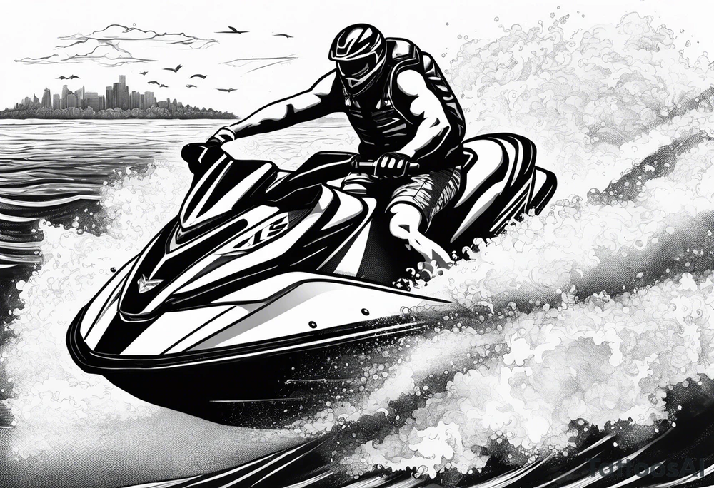 a large man on a jet ski with a small man riding on 
back tattoo idea