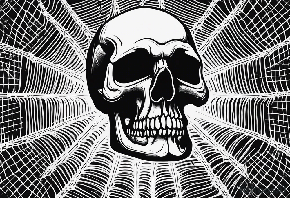 Skull on spider web that says “death before dishonour” on forehead with spiders dropping down to it tattoo idea