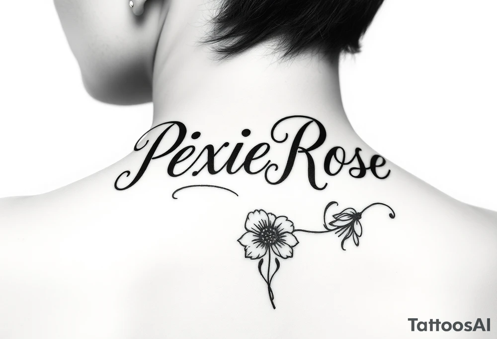 "PixieRose" above a man's eyebrow in a  gangsters Chicano calligraphy style font tattoo idea