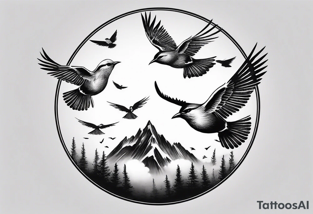 shoulder tattoo with light rays with birds flying free among the clouds, round shape, with gradient ends tattoo idea