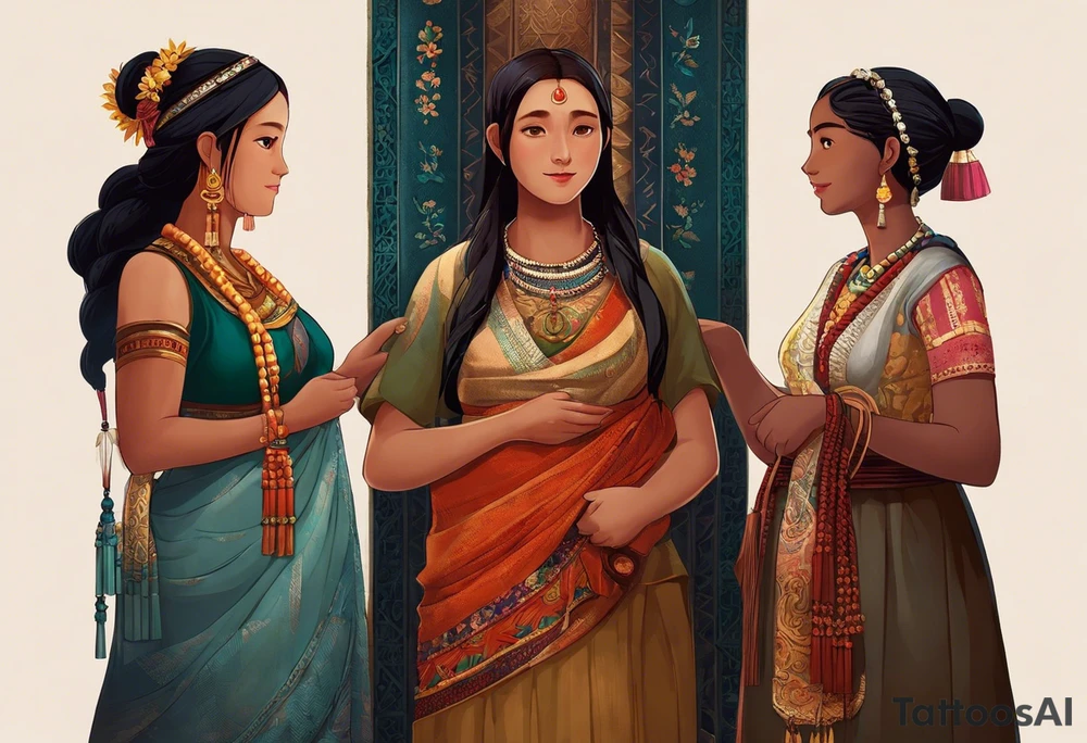 3 female people standing next to each other. The one on the left is a young girl, the one in the middle is a mature woman, the one on the right is a very old woman. They are looking forward.
There are 3 weavers. They symbolize the moirs, old goddesses of destiny. tattoo idea