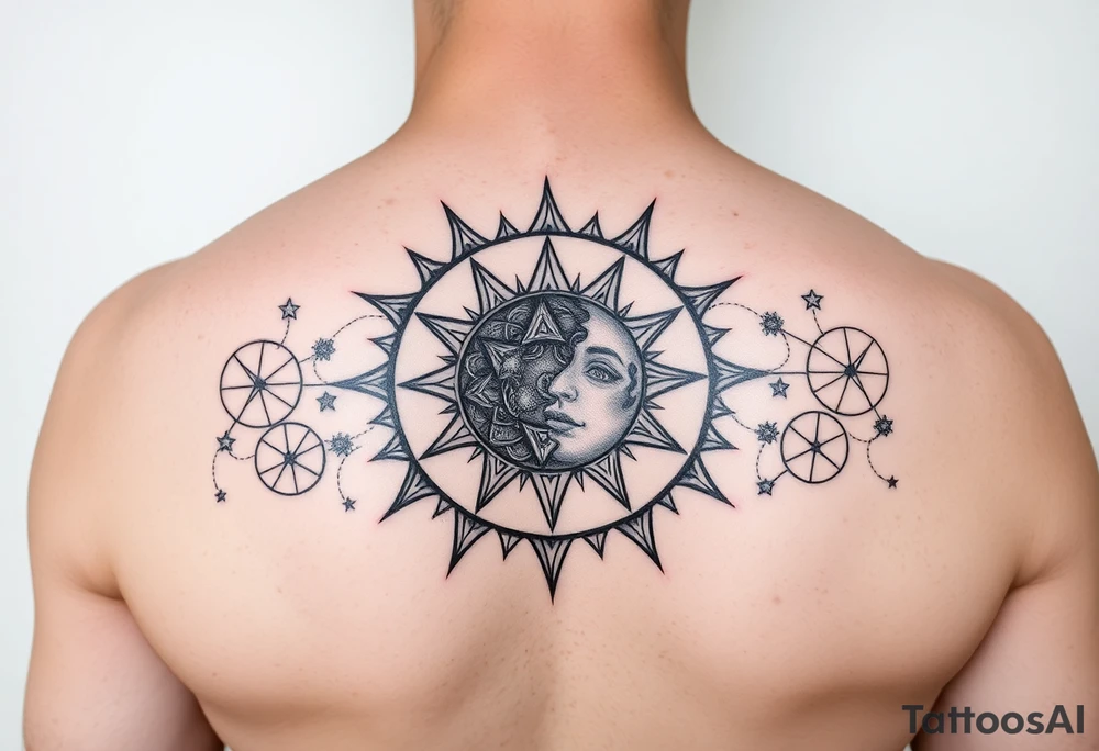 celestial sun and moon embrace with constellation patterns tattoo idea