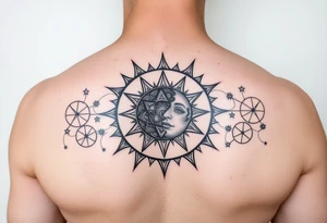 celestial sun and moon embrace with constellation patterns tattoo idea
