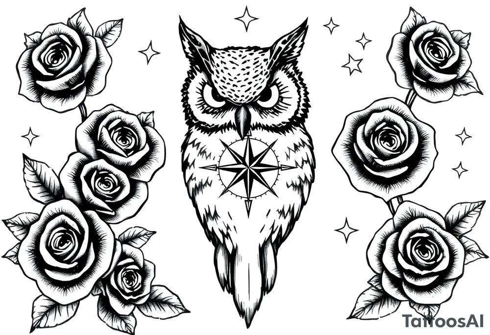 an owl,compass,roses,stars. tattoo idea