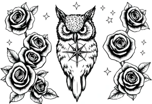 an owl,compass,roses,stars. tattoo idea