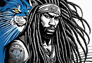 blue wildcat with long dreads under stadium football lights with a snarl on his face standing on a hill looking down at all his defeated opponents tattoo idea