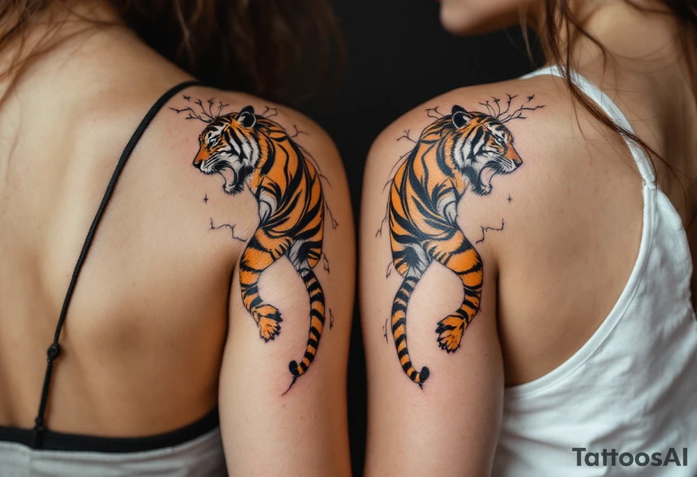 Matching couple orange and black tiger stripes wrapping around both partners upper arms tattoo idea