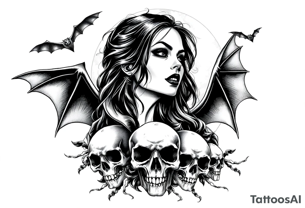 female vampire,bats,full moon,skulls. tattoo idea