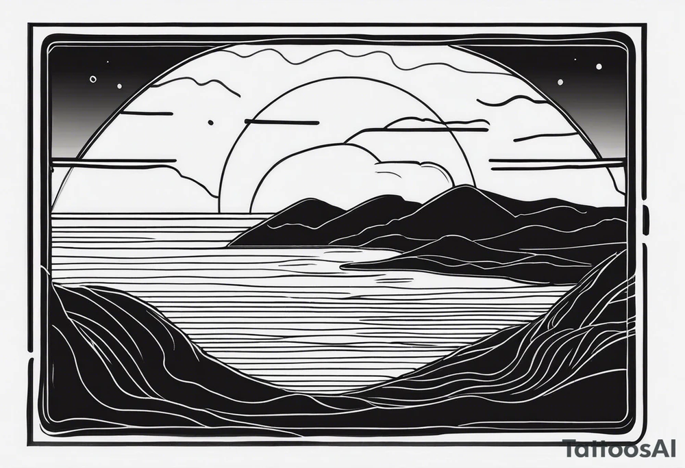 A fine line, black polaroid with the image of a sunset by the sea tattoo idea