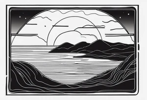 A fine line, black polaroid with the image of a sunset by the sea tattoo idea