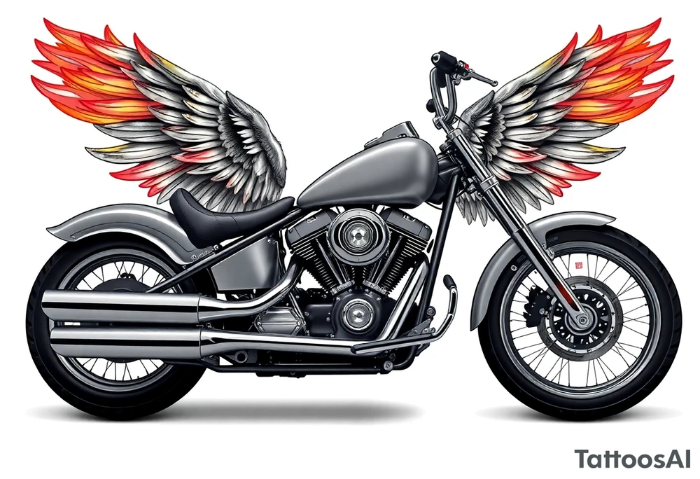 Low rider grey motorcycle, big muffler pipes with flames, angel wings tattoo idea
