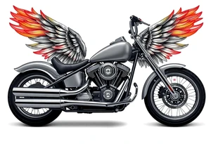 Low rider grey motorcycle, big muffler pipes with flames, angel wings tattoo idea