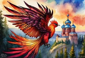 russian firebird in-flight with fancy tail and small onion cap monastery towers in background, incorporate Isaiah 43: 18-19 tattoo idea