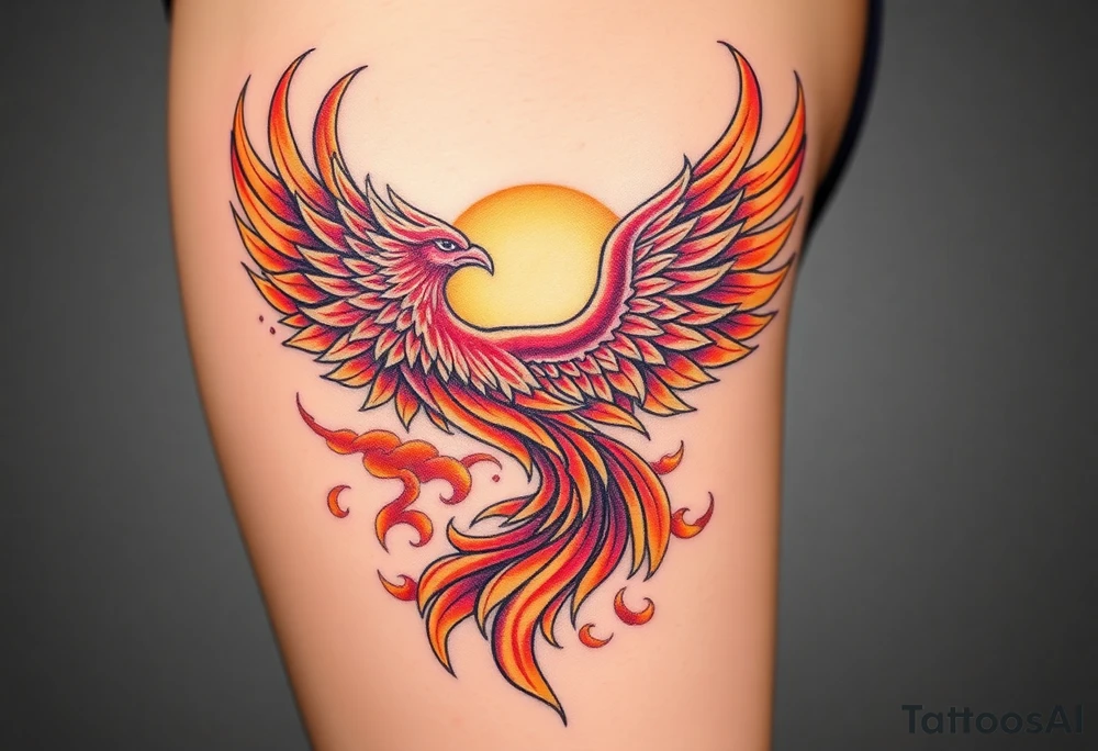 magnificent phoenix rising from flames with trailing embers pinks golds orange and yellows with a golden sunset and sky with puffy clouds and heaven backdrop tattoo idea