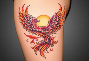magnificent phoenix rising from flames with trailing embers pinks golds orange and yellows with a golden sunset and sky with puffy clouds and heaven backdrop tattoo idea