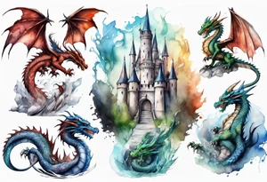 realistic mystic dragons protecting a castle tattoo idea