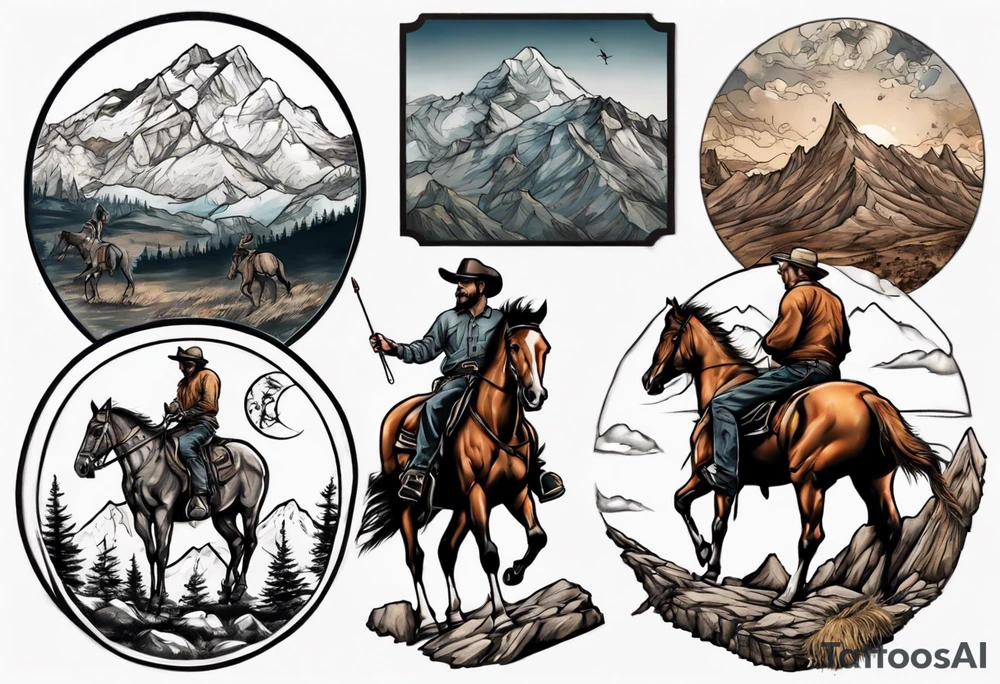 man on horseback looking over mountainrange tattoo idea