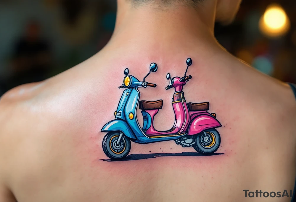 2 scooters, blue and pink, riding together in love tattoo idea