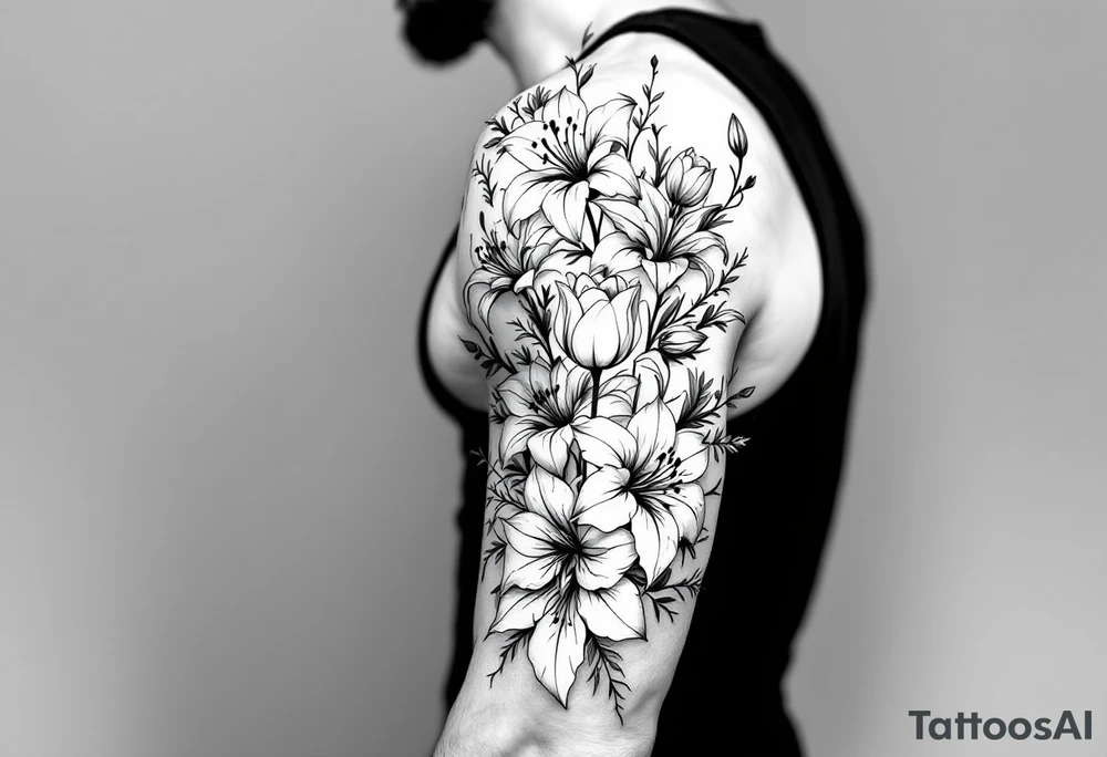 flower arrangement with spider lilies, tulip, lilies, cherry blossom tattoo idea