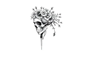 ornate skull adorned with crown of wild roses and thorns with scissors comb hairdryer clippers tattoo idea