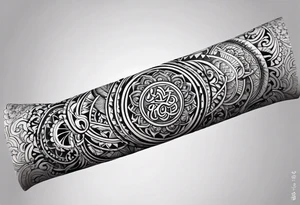 Forearm sleeve tattoo based around Sanskrit Om symbol tattoo idea