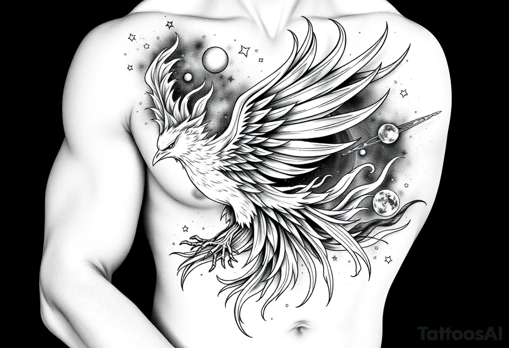 Powerful Phoenix feminine energy flames from within at night with stars planets and nebula tattoo idea