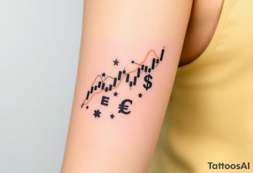Create a unique tattoo design for a Forex trader. Include symbols of trading like a bullish candlestick chart, currency symbols (e.g., EUR, USD, GBP, JPY), and creative elements representing financial growth and strategy. The style should be minimalist black linework, modern and elegant, suitable for an arm or forearm tattoo.” tattoo idea