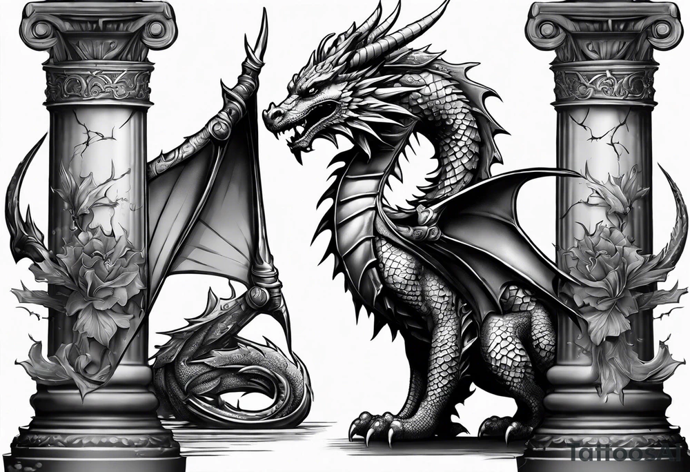 Small Dragon after a war, standing on two broken roman columns with his back to us tattoo idea