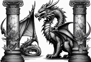 Small Dragon after a war, standing on two broken roman columns with his back to us tattoo idea