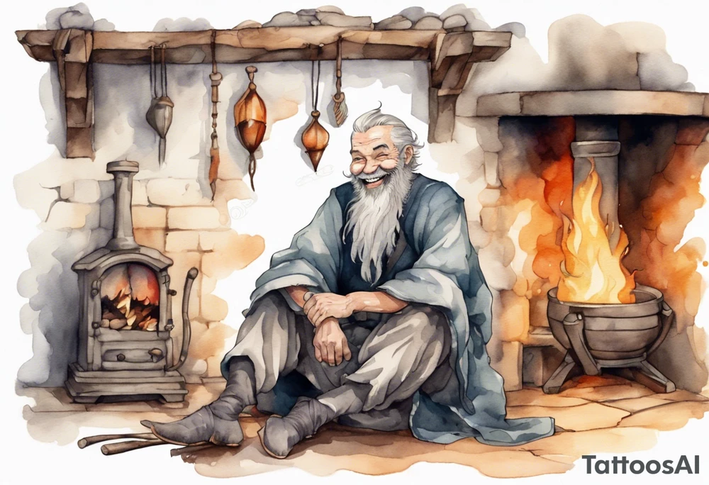 full portrait a Medieval man with a grey beard laughing sitting by the hearth tattoo idea