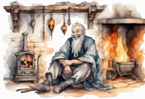 full portrait a Medieval man with a grey beard laughing sitting by the hearth tattoo idea