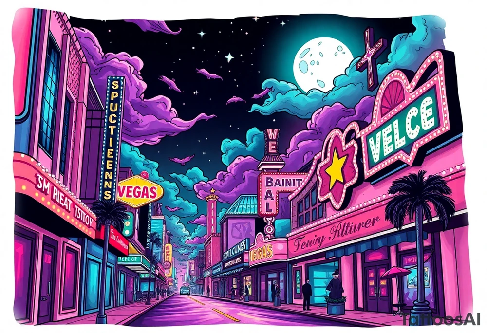 Tim Burton’s vegas casino on the strip from outside view is the street is littered with neon signs  and dripping with muted reds, dusty pinks, and eerie green glow purple and cyan smokey clouds swim through the moonlit night air as the stars twinkle tattoo idea tattoo idea