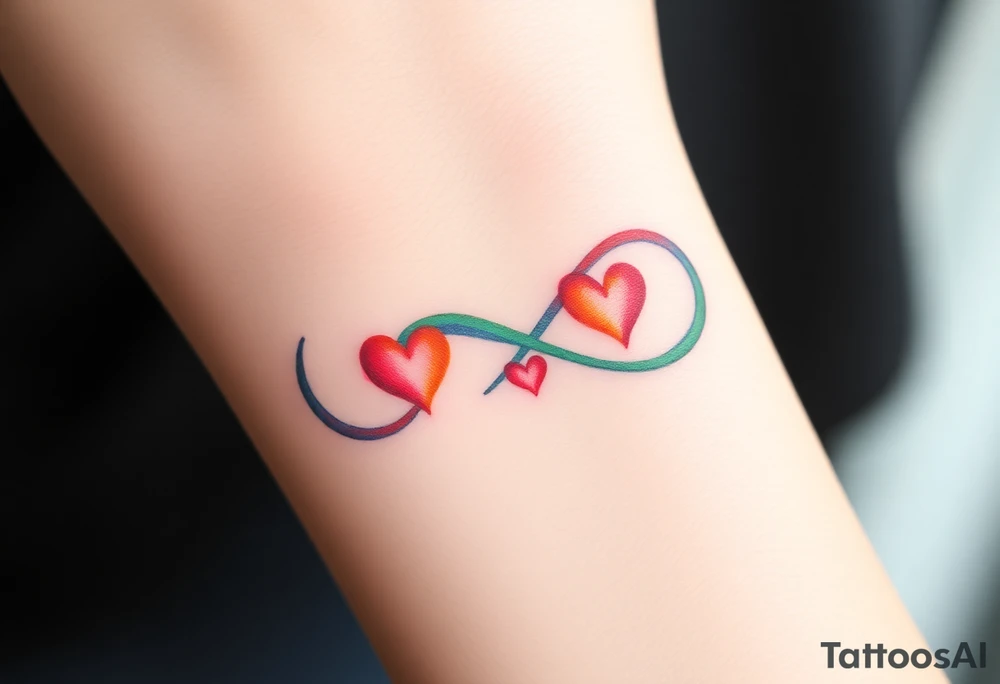 infinity symbol in rainbow colors and hearts at its ending tattoo idea