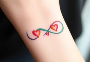 infinity symbol in rainbow colors and hearts at its ending tattoo idea