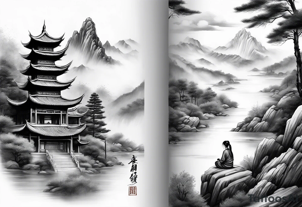 forearm sleeve traditional chinese art painting style autumn mountains mist fog water Chinese temple female with pony tail wearing robes seated meditating far away in the distance tattoo idea
