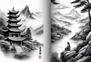 forearm sleeve traditional chinese art painting style autumn mountains mist fog water Chinese temple female with pony tail wearing robes seated meditating far away in the distance tattoo idea