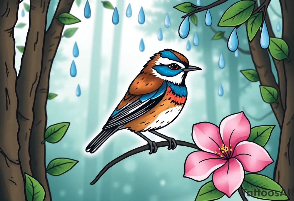 green forest background
blue rain drops
pink camelia flower
blue brown wren bird tattoo idea