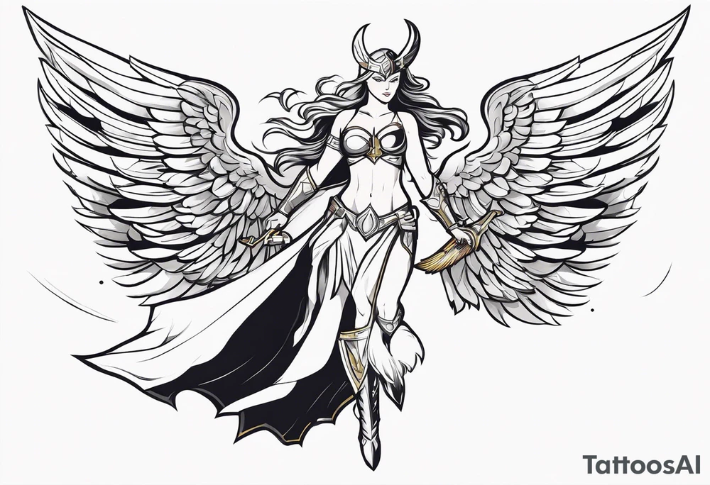 The full body of a Valkyrie with wings flying tattoo idea