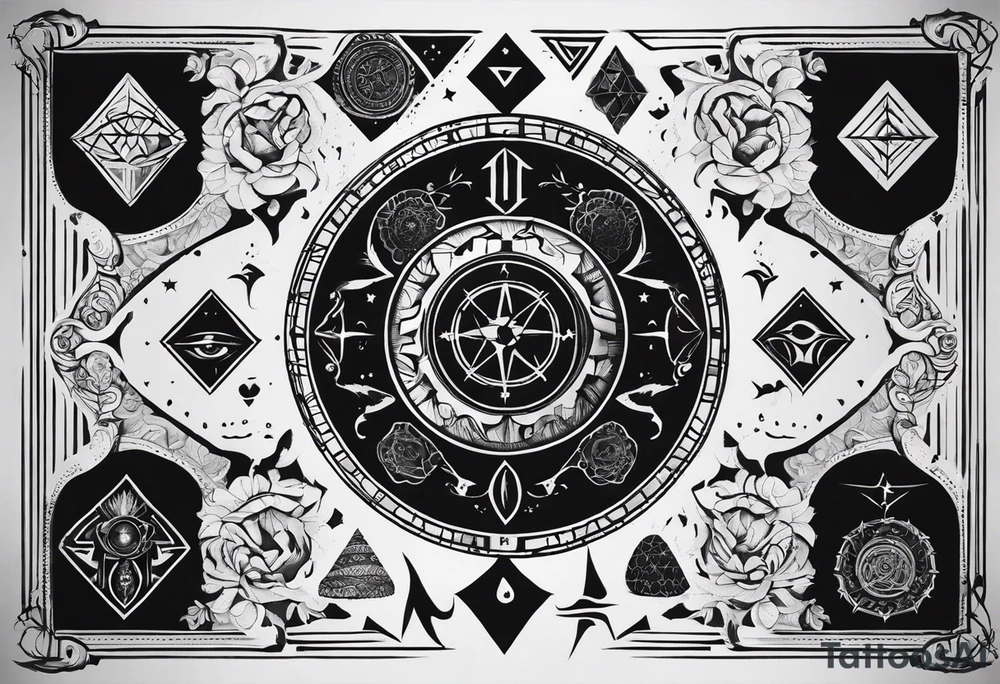 I want a mysterious enigmatic tattoo, with mysterious symbols and phrases, with the meaning of curiosity about conspiracy theories, the future, and the past, something that completes the upper part of the arm that is between the middle of the arm and the shoulder tattoo idea